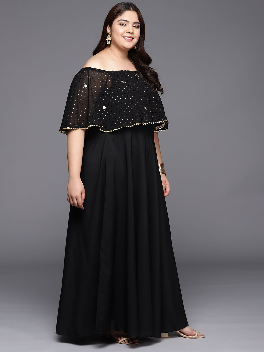 Black & Gold Off-Shoulder Maxi Dress - Indian Dresses