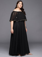 Black & Gold Plus Size Off-Shoulder Maxi Ethnic Dress-AP-AHKUCRGRFP-855