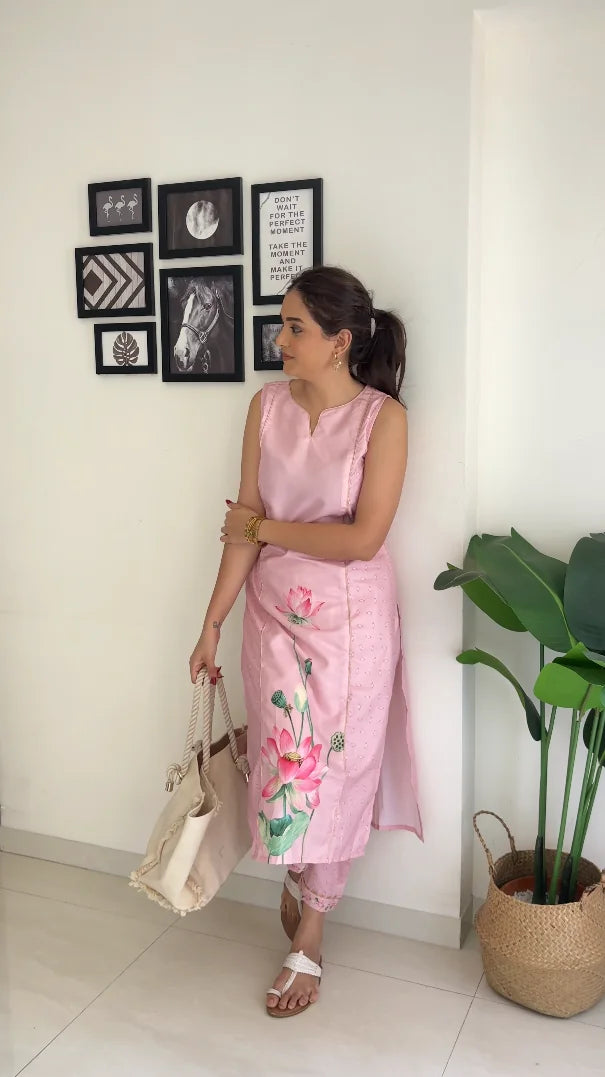 Pink Floral Cotton Kurta Set | Women's Indian Kurta Sets - Style 1