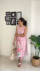 Pink Floral Printed Panelled Gotta Patti Pure Cotton Kurta with Trousers-AHKUPN-COMBO-520-ICH