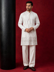 Men's Silk Blend Embroidered Kurta with Korean Pants Set ( 65KP PJ11W 5595White ) [FF] [G-4]