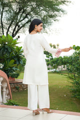 White Silk Blend Embroidered Straight Coord Sets HVCORD1135