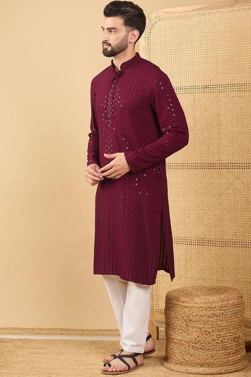 Maroon Embroidered Viscose Rayon Indian Kurta for Men