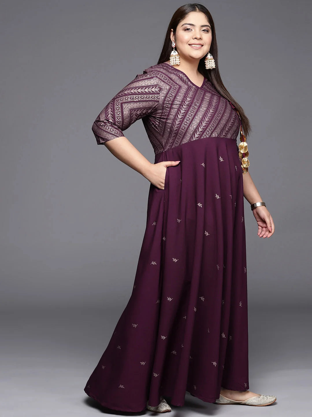 Plus Size Burgandy & Gold Geometric Indian Dress Online