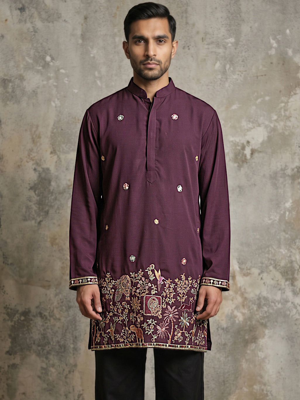 DesiQlo Men Embroidered Kurta Only - Purple - 65KO_5597Purple_S