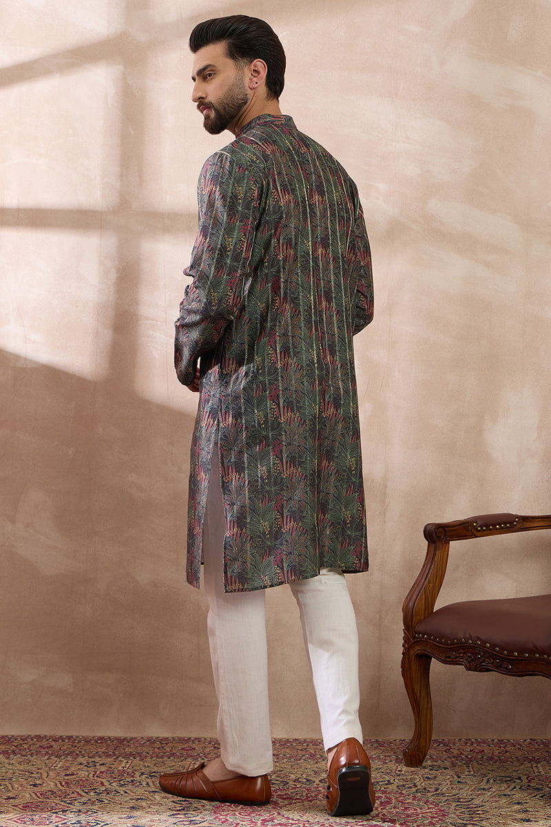 Black Silk Blend Printed Mandarin Collar Straight Kurta With Trouser MKSET2097