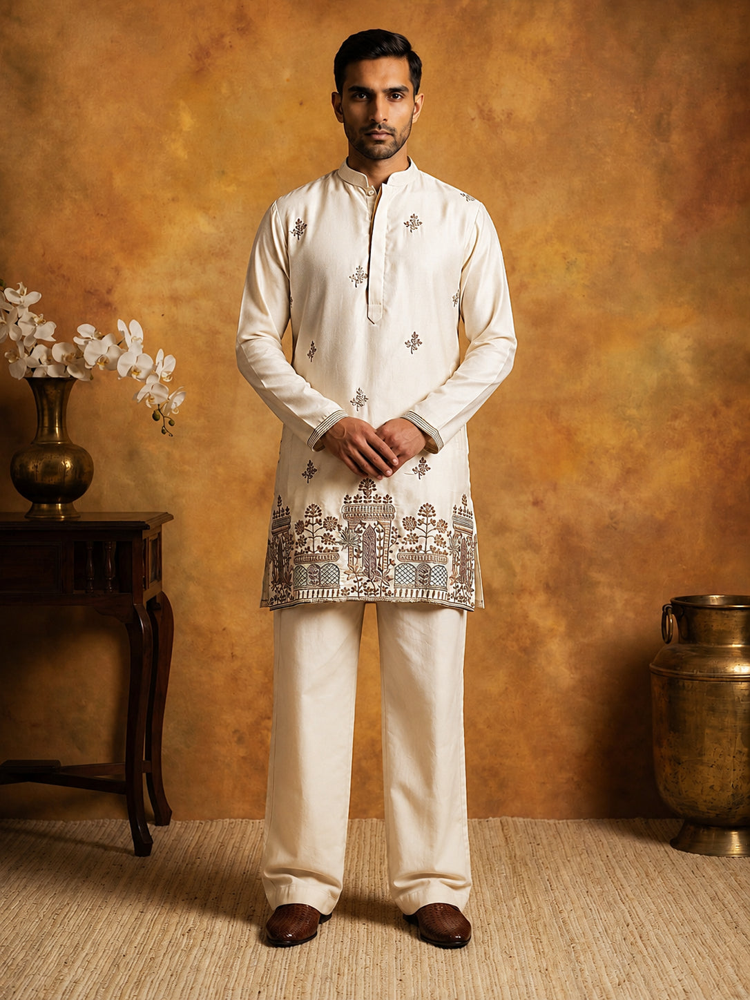 DesiQlo Men Embroidered Kurta Pyjama Set - Beige - 65KP_PJ11W_5599Crea