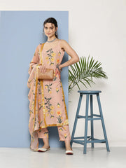 Nude-Coloured Floral Printed Gotta Patti Kurta with Trousers & With Dupatta-AHKUDUPN-COMBO-605-ICH