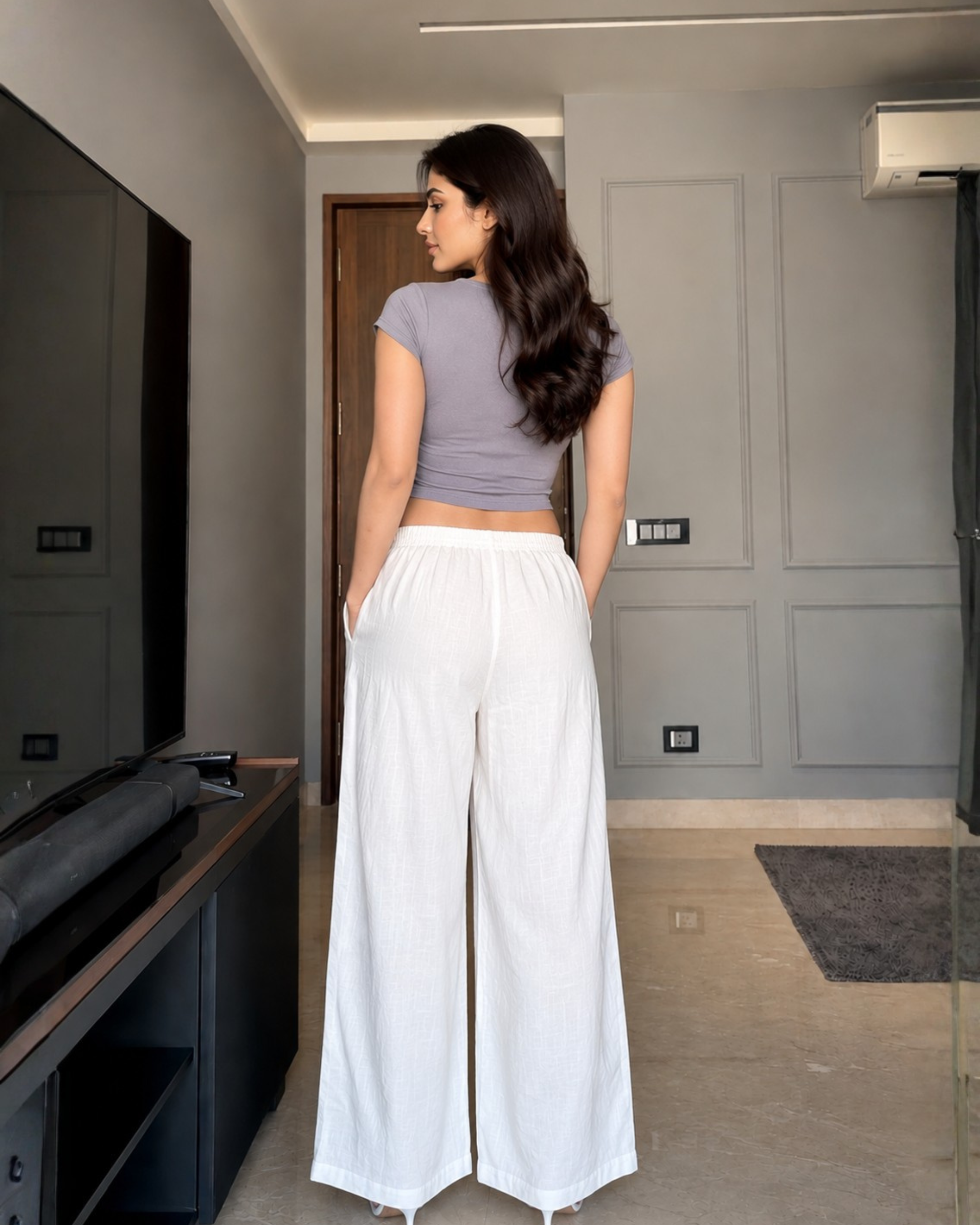 Women's White Linen Blend Wide-Leg Pants with Drawstring Waist & Pocke