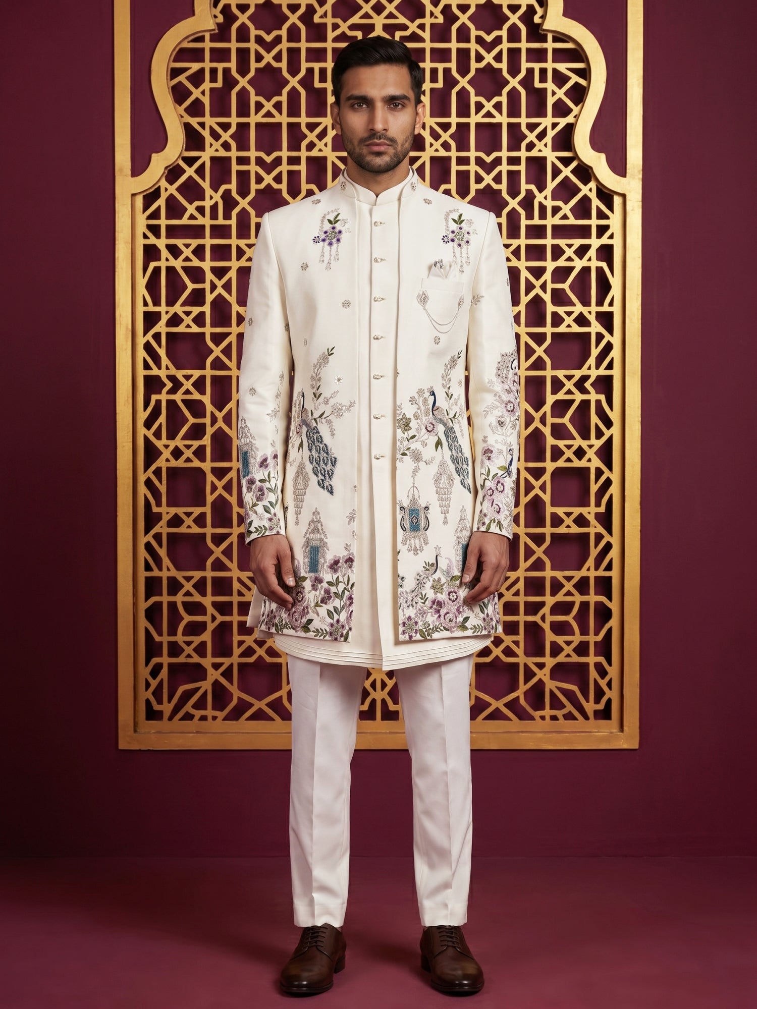 DesiQlo Men Embroidered Indo Western Set - White - 50JIND_224Off-White