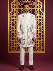 Silk Blend Peacock & Floral Embroidered Indo-Western Set ( 50JIND 224Off-White )