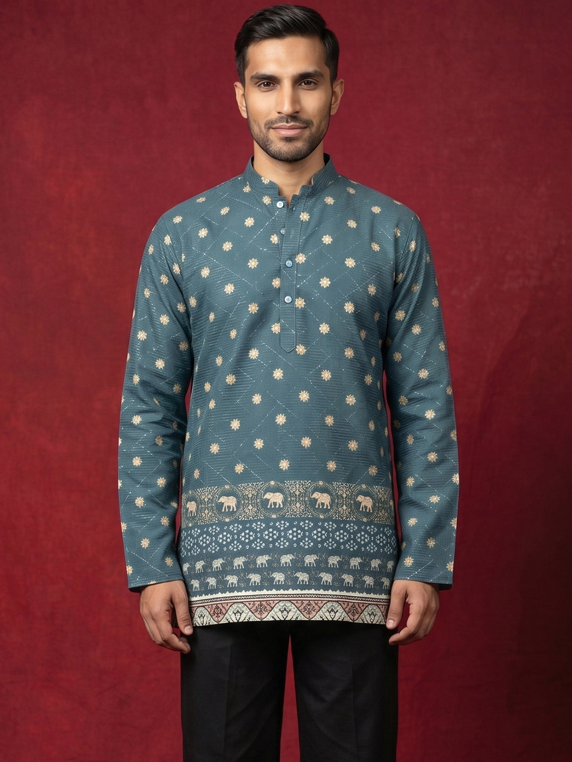 DesiQlo Men Printed Kurta Only - Green - 65KO_5593Teal_S