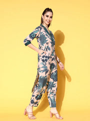 Beige & Green Floral Printed Kurta with Trousers-AHKUPZ-COMBO-598