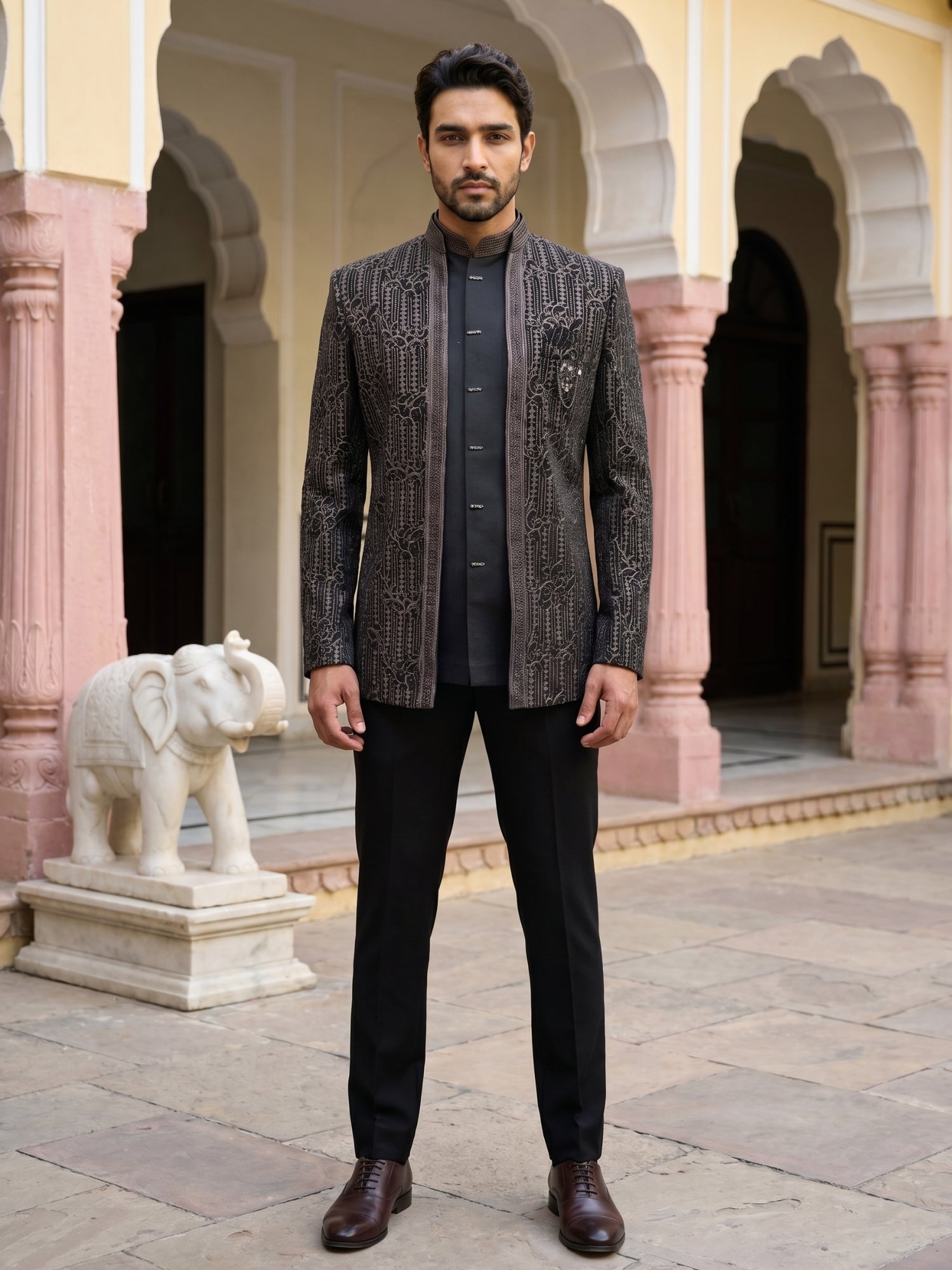 DesiQlo Men Embroidered Indo Western Set - Black - 50JIND_219Black_S