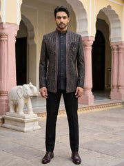 Men's Velvet Embroidered Indo-Western Set ( 50JIND 219Black )