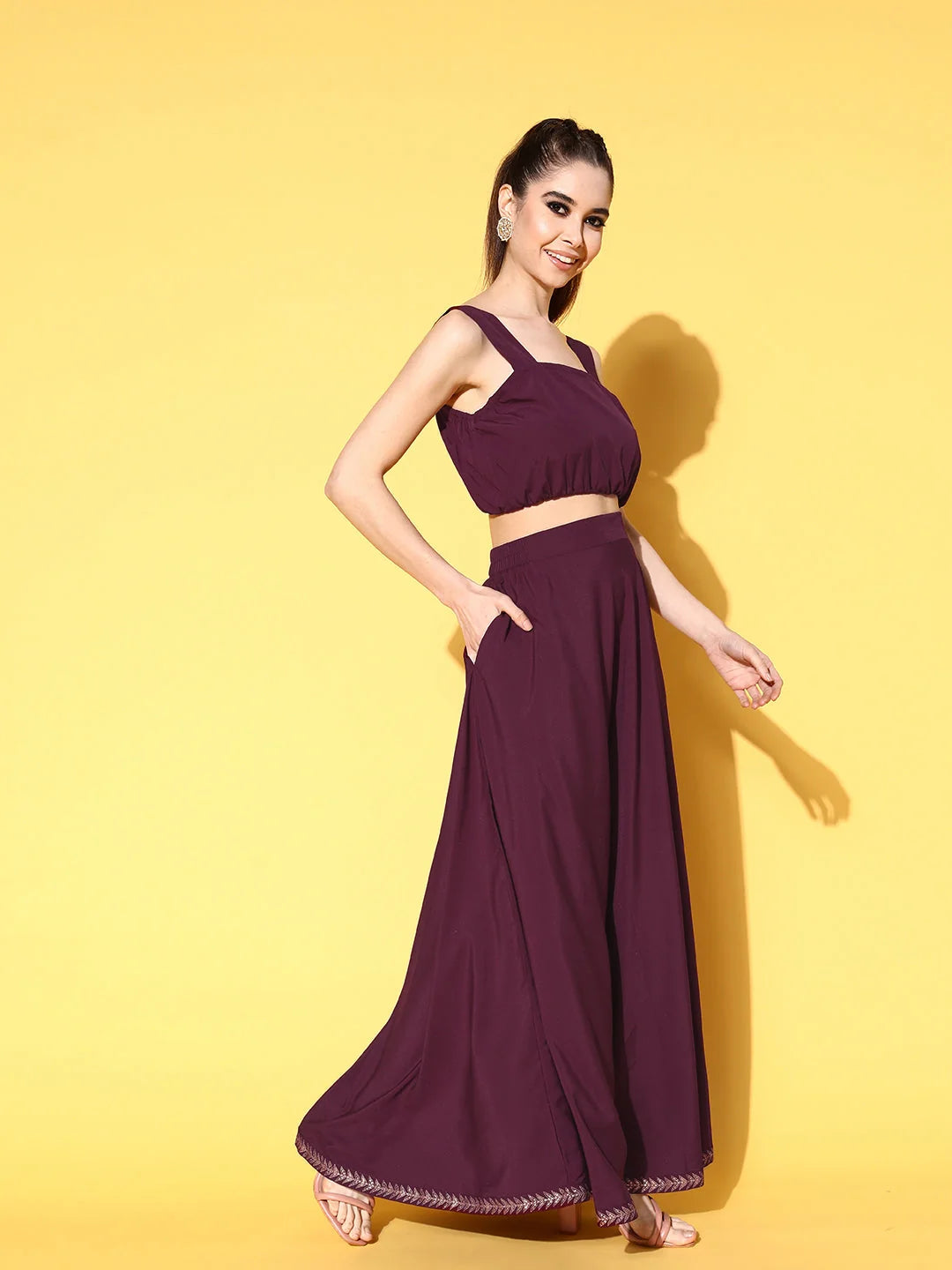 Burgundy Printed Top & Skirt Set with Jacket | Women's Lehenga