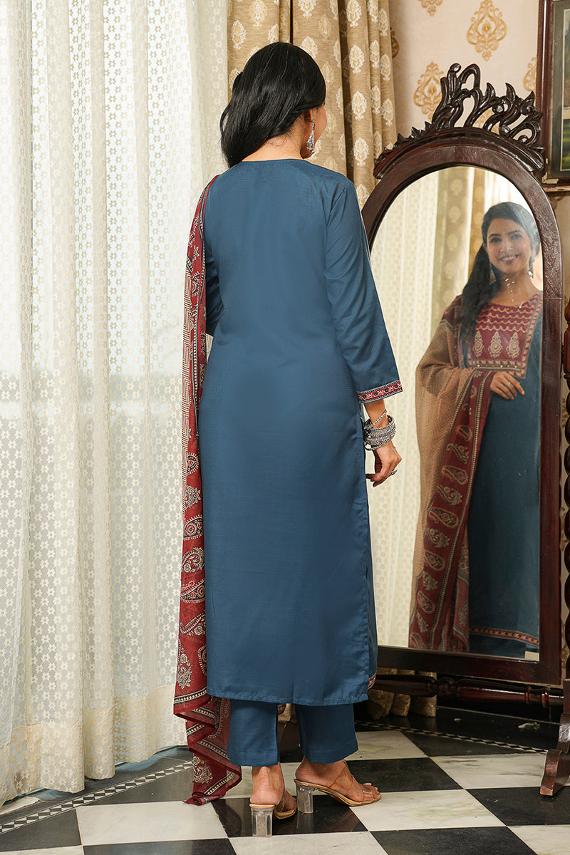 Blue Rayon Blend Ajrakh Printed Straight Kurta Trousers With Dupatta PKSKD3089