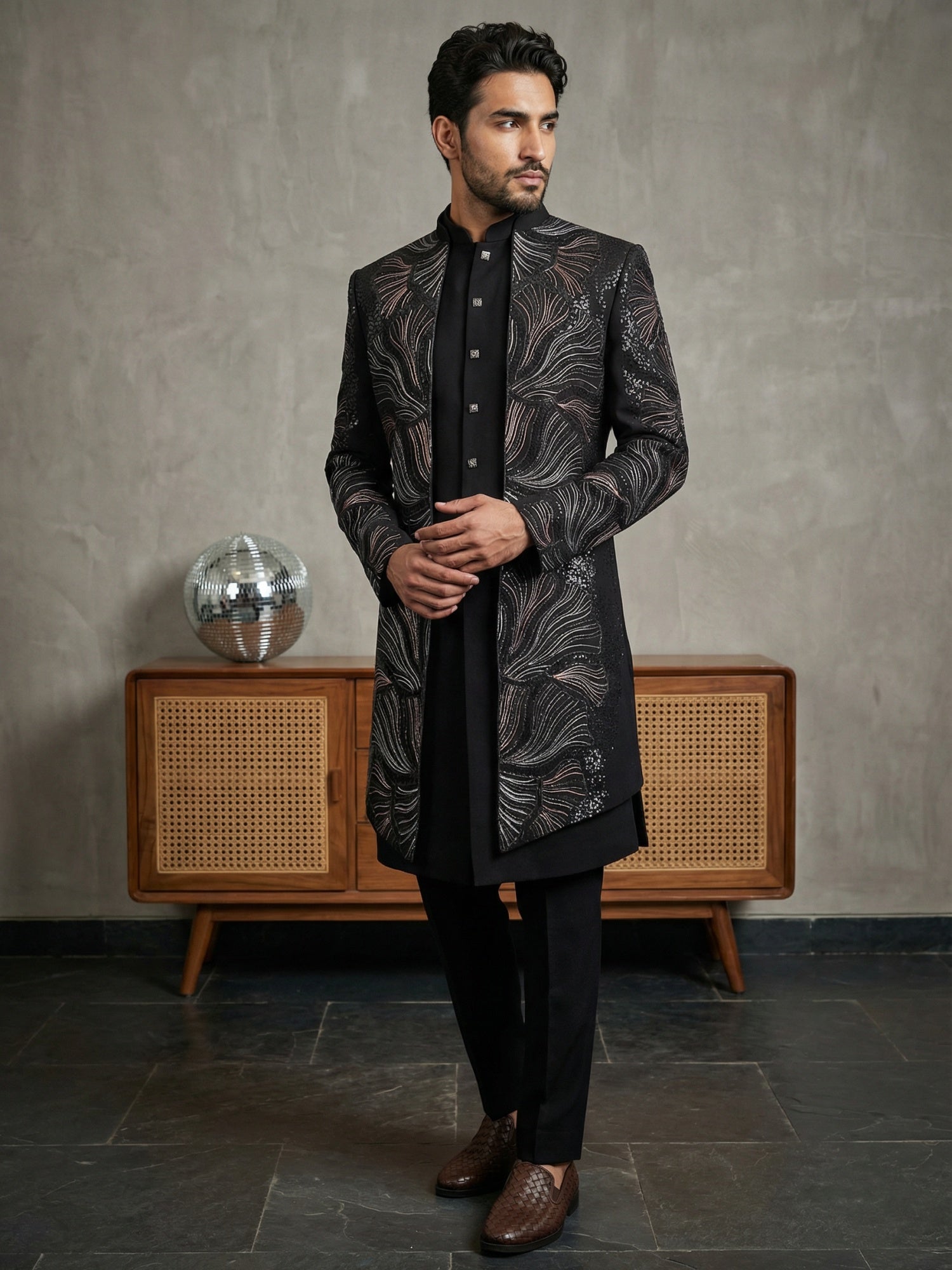 DesiQlo Men Embroidered Indo Western Set - Black - 50JIND_121Black_S