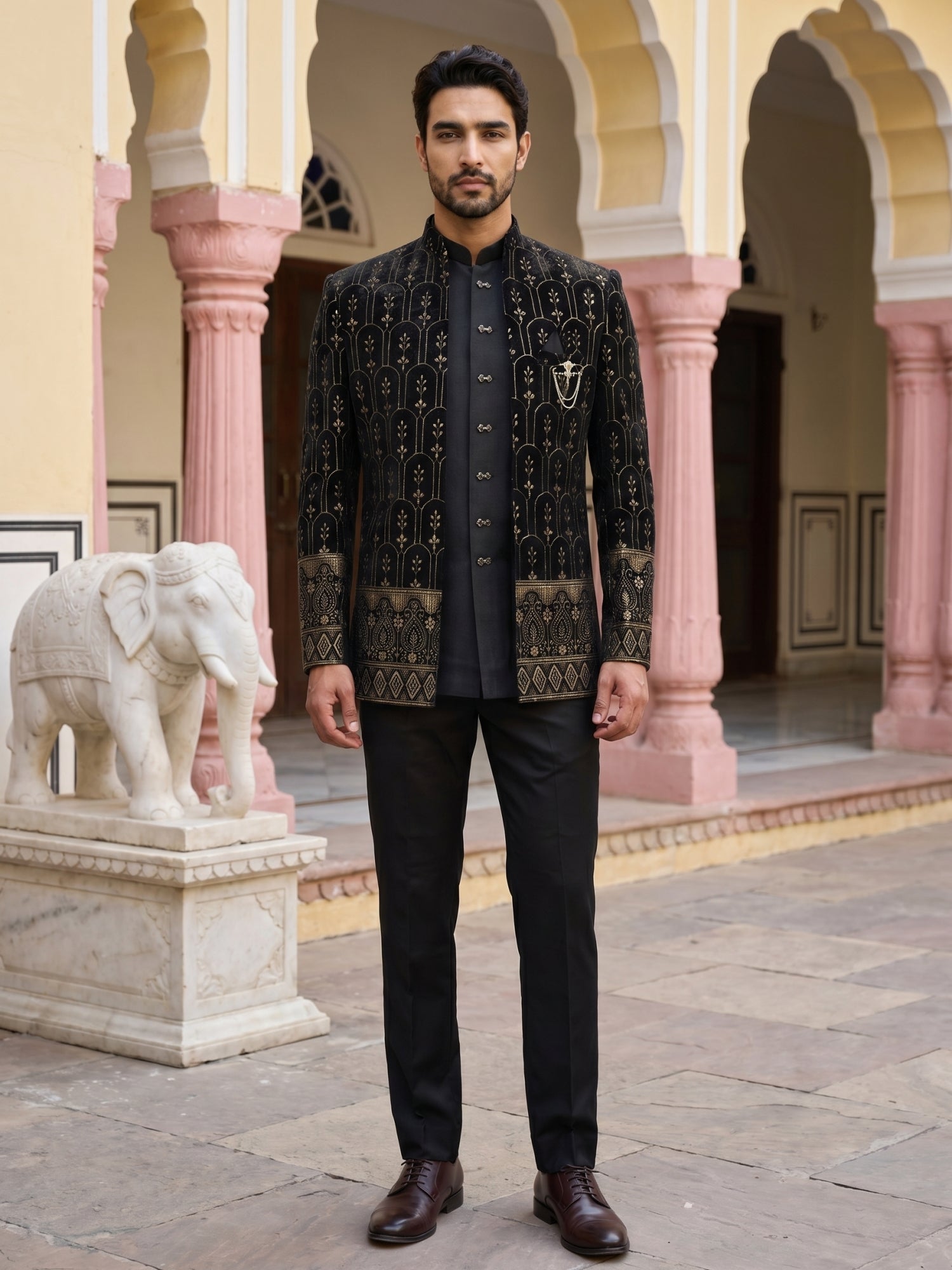 DesiQlo Men Embroidered Indo Western Set - Black - 50JIND_217Black_S
