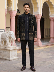 Men's Velvet Embroidered Indo-Western Set ( 50JIND 217Black )