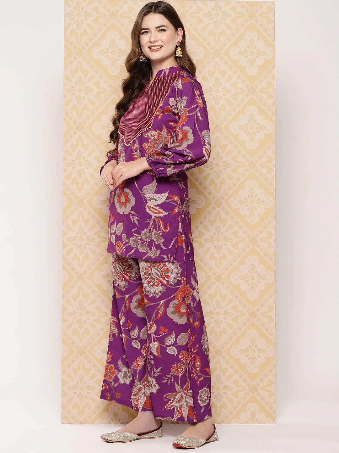Purple Floral Tunic & Palazzos Set | Women's Two Piece Sets
