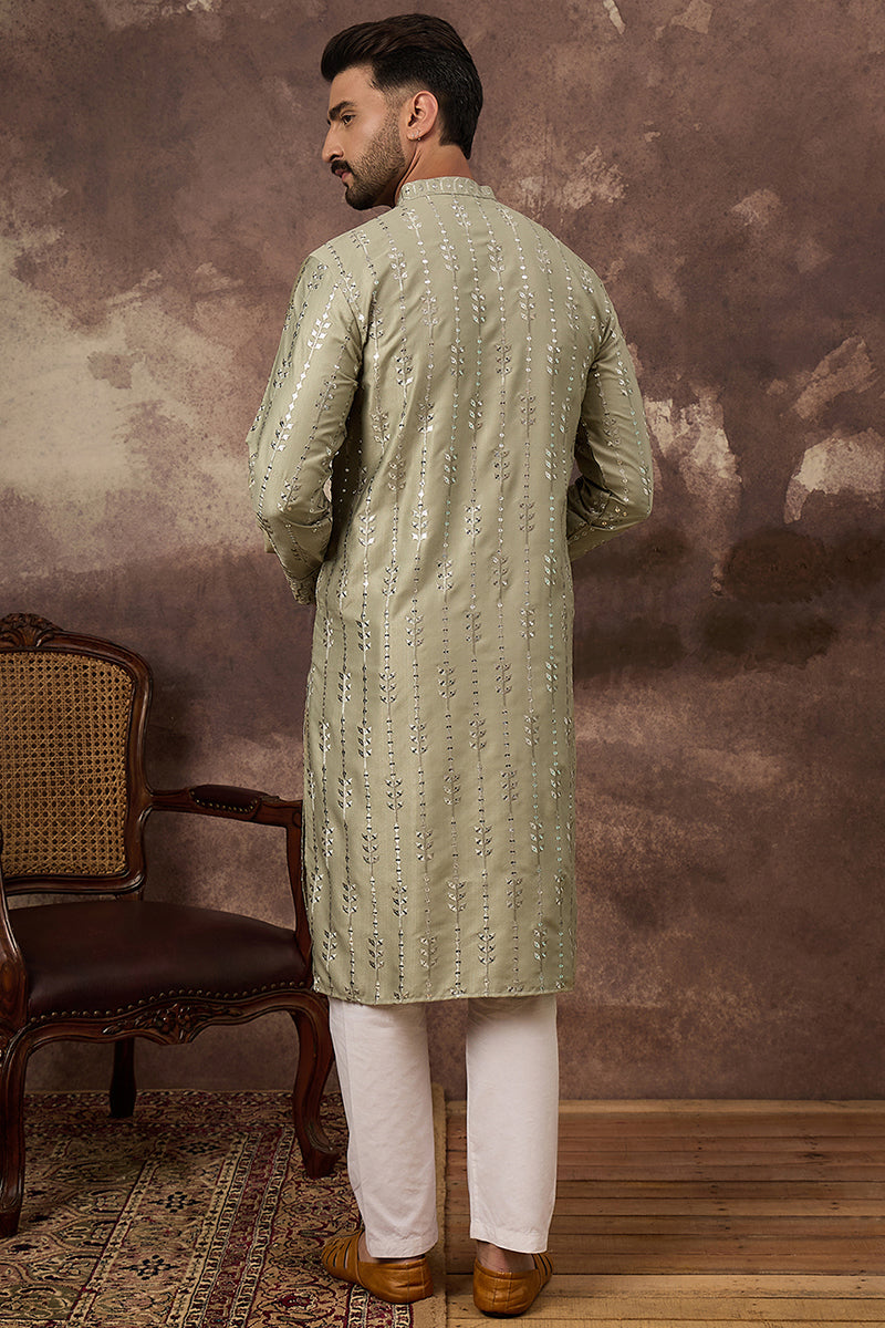 Green Silk Blend Solid Embroidered Straight Kurta MKU1356