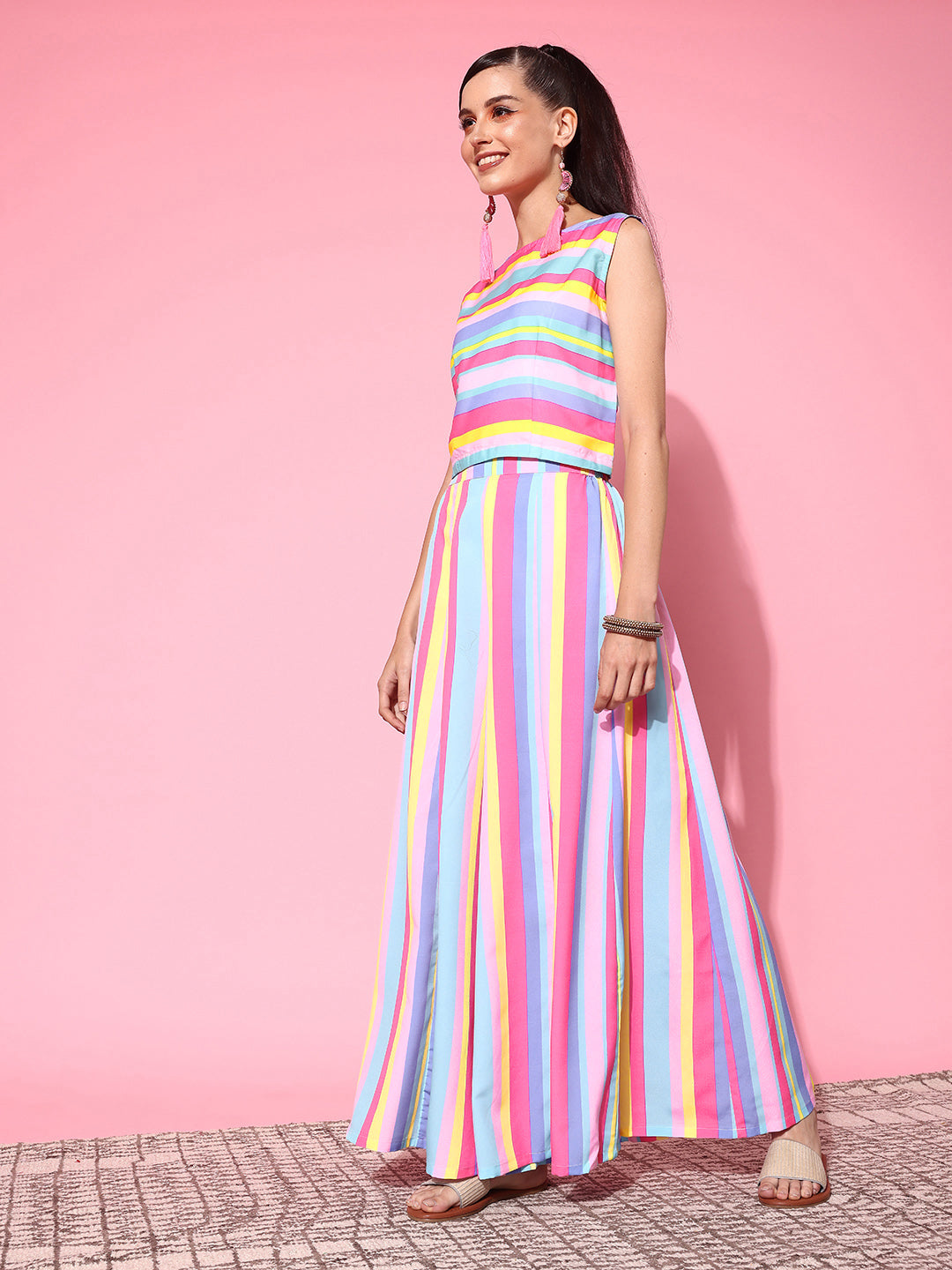 Multi Striped Top & Palazzos Co Ord Sets Women with Shrug