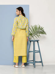 Yellow Floral Printed Pure Cotton Kurta with Trousers & Jacket-AHKUPNJK-COMBO-600