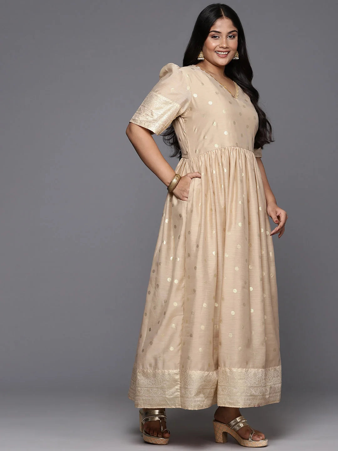 Beige Polka Dot Plus Size Maxi Dress | Indian Cotton Dresses