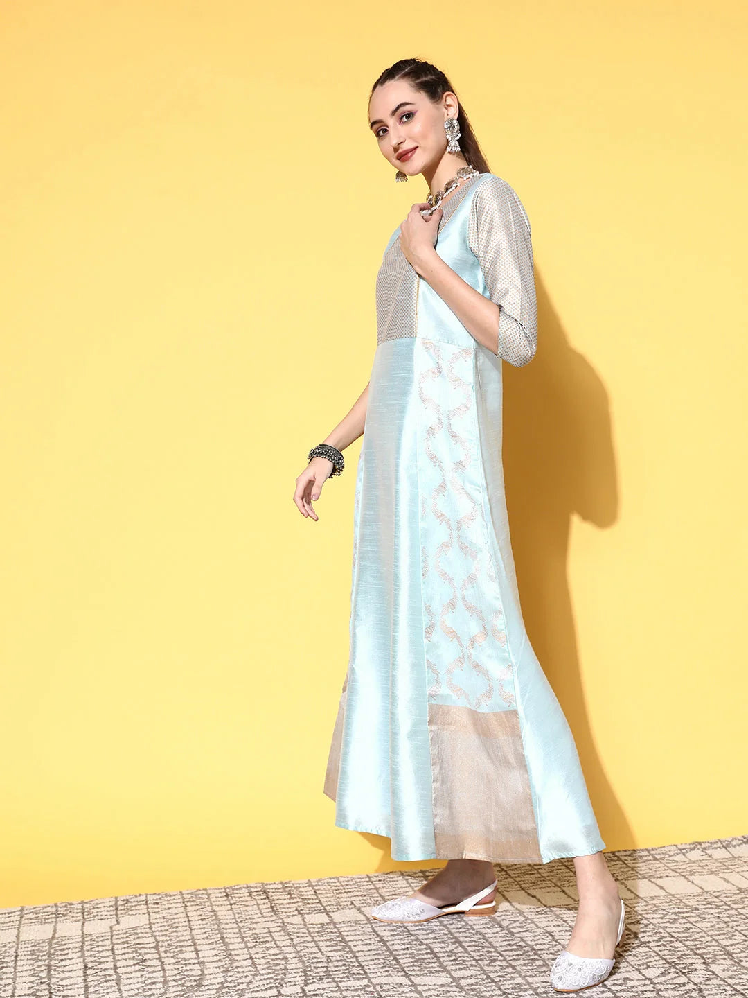 Blue & Gold Printed Dress - Women's Western Wear Outfits