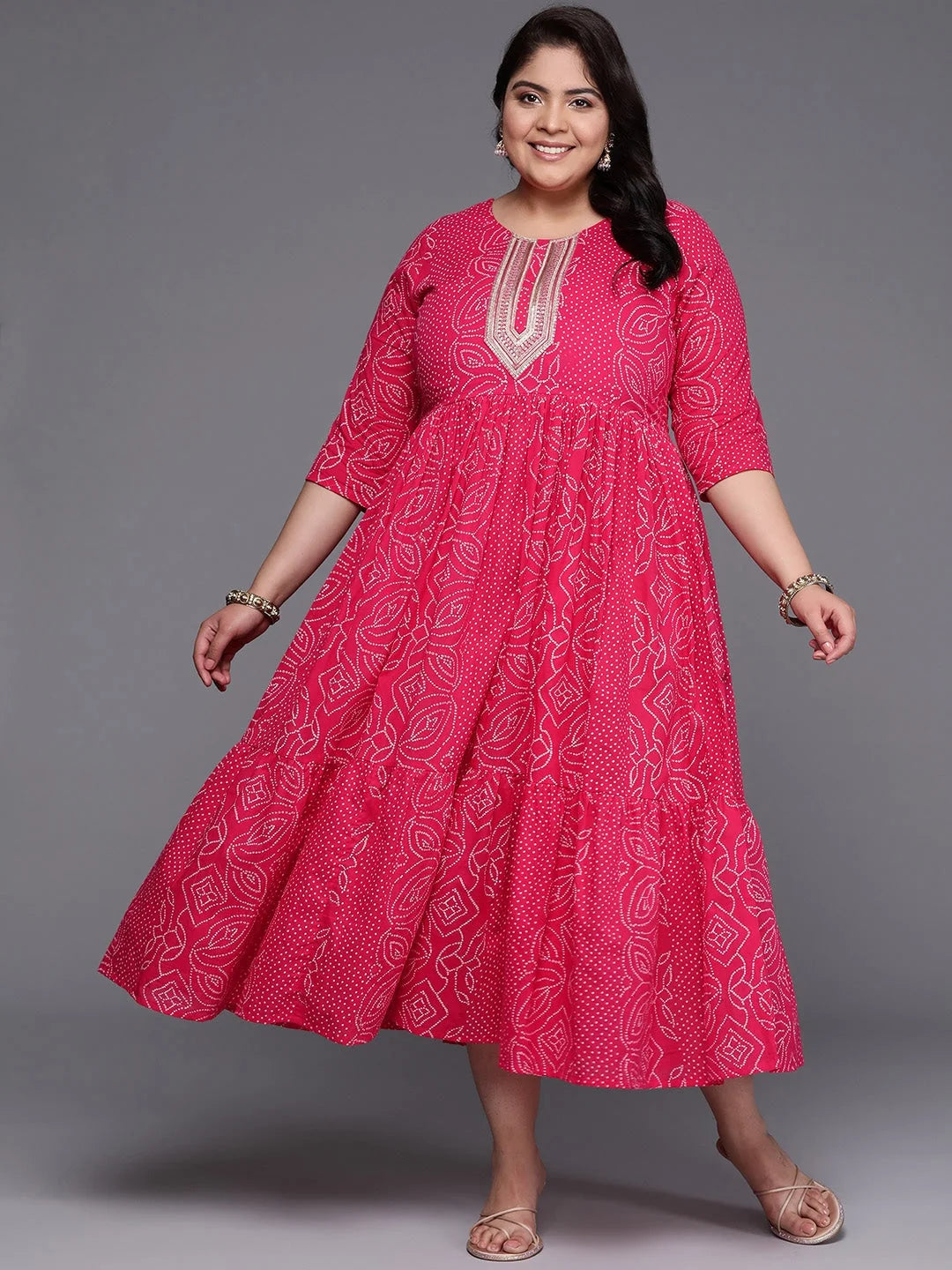Plus Size Printed Fit & Flare Midi Cotton Indian Dress