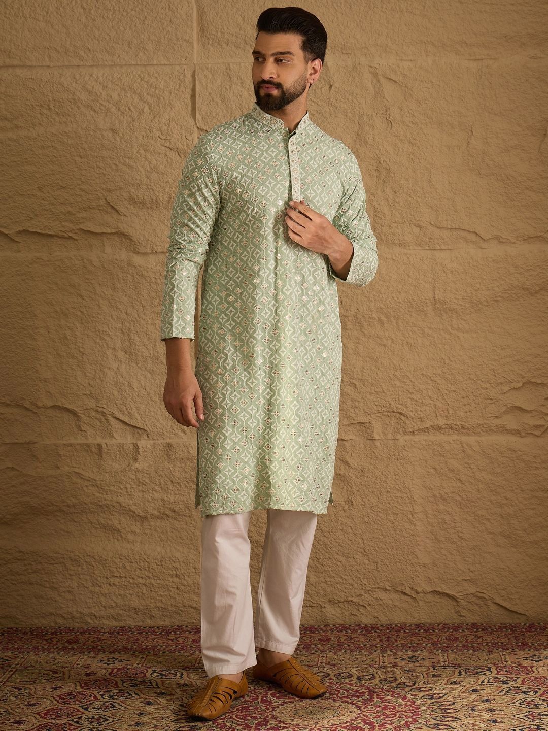 Ethnic Bay Men Green Viscose Rayon Solid Embroidered Straight Kurta With Pant Set-MKSET1238