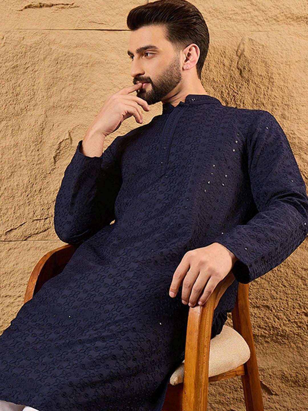 Ethnic Bay Men Blue Viscose Rayon Solid Embroidered Straight Kurta With Pant Set-MKSET1187
