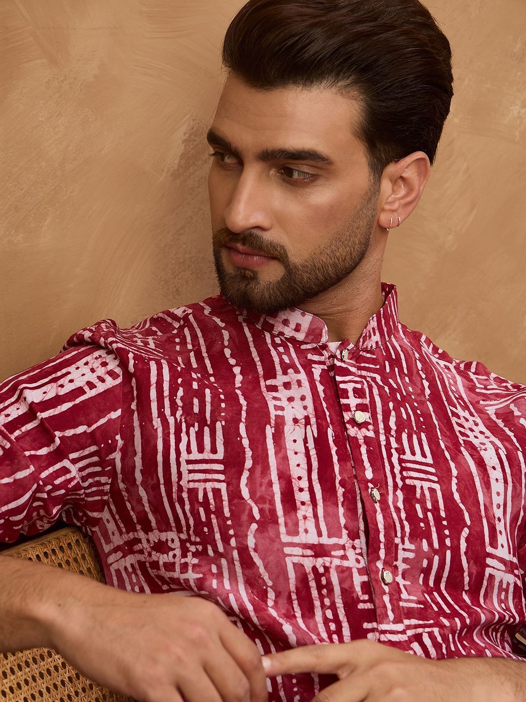 Ethnic Bay Men Red Viscose Rayon Batik Embroidered Straight Kurta With Pant Set-MKSET1499