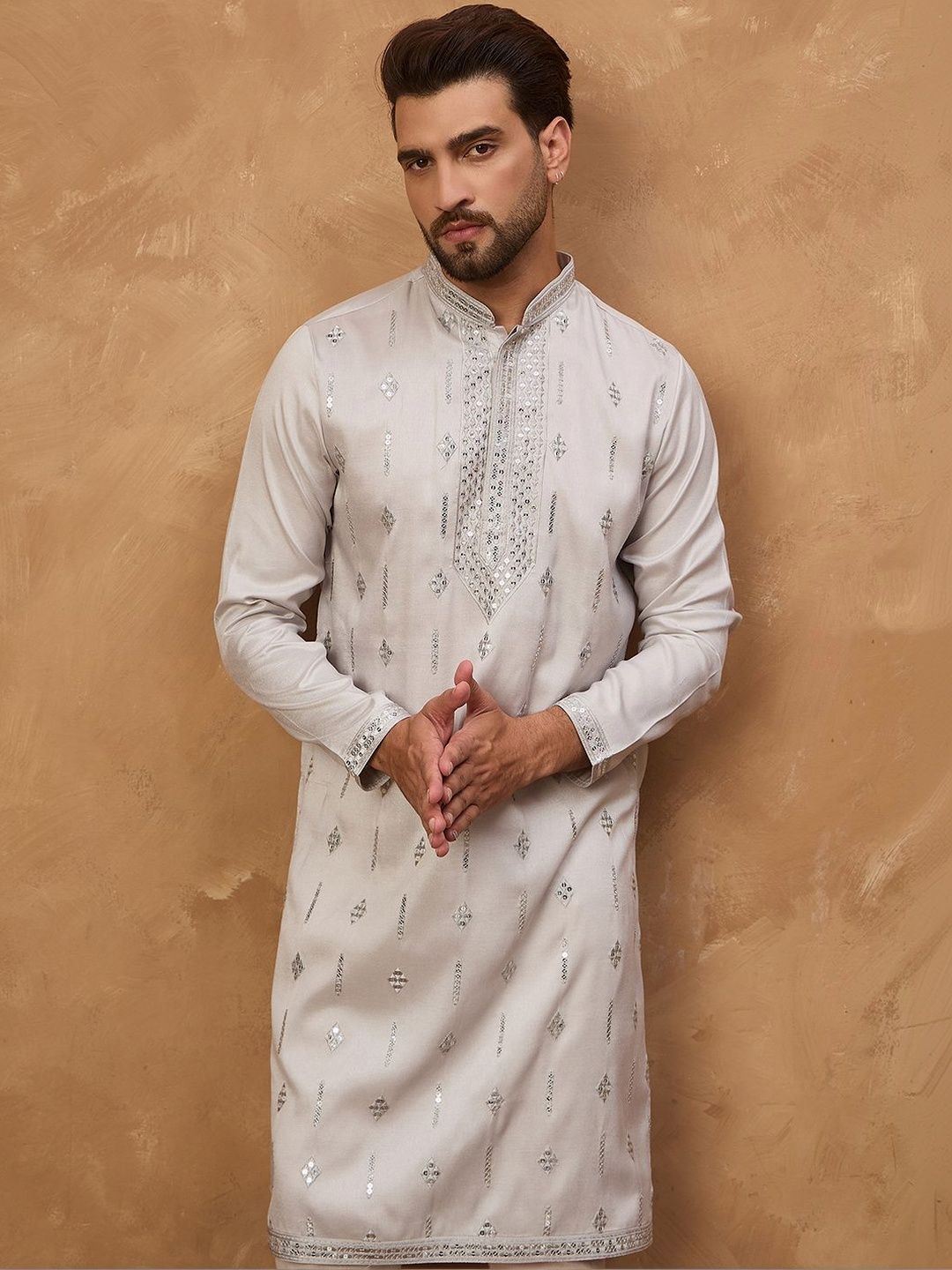 Ethnic Bay Men Grey Silk Blend Solid Embroidered Straight Kurta With Pant Set-MKSET1438