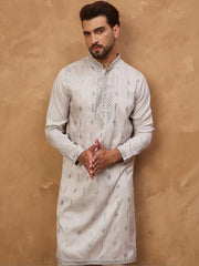 Ethnic Bay Men Grey Silk Blend Solid Embroidered Straight Kurta With Pant Set-MKSET1438