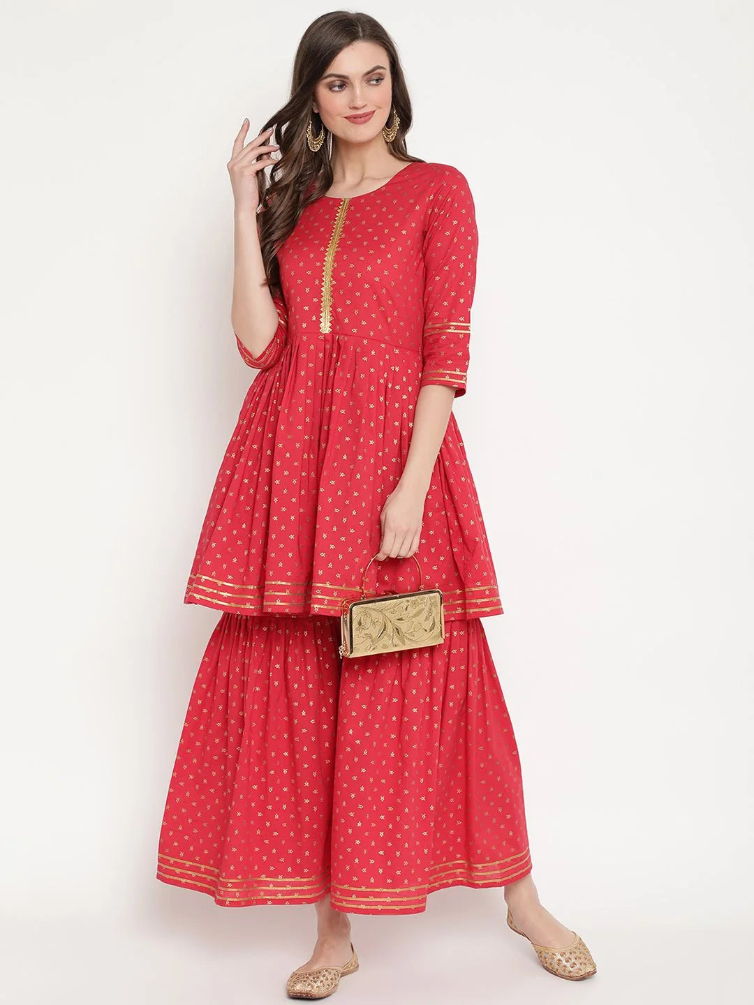 Red Cotton Gold Print Sharara Set | Women's Designer Outfit