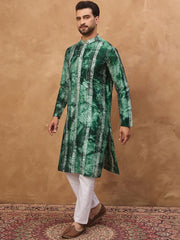 Ethnic Bay Men Green Silk Blend Shibori Embroidered Straight Kurta With Pant Set-MKSET1538