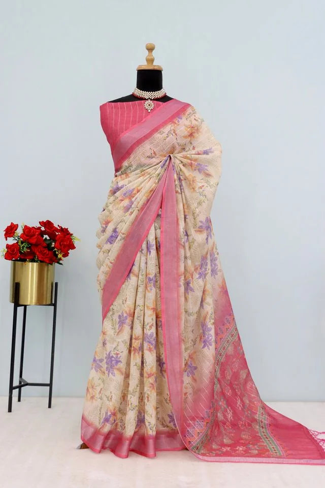 Linen Digital Print Cream Saree With Unstiched Blouse Piece