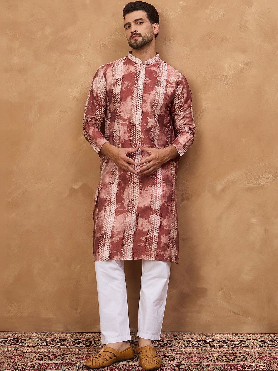 Ethnic Bay Men Brown Silk Blend Shibori Embroidered Straight Kurta With Pant Set-MKSET1539