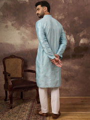Ethnic Bay Men Blue Silk Blend Solid Embroidered Straight Kurta With Pant Set-MKSET1365