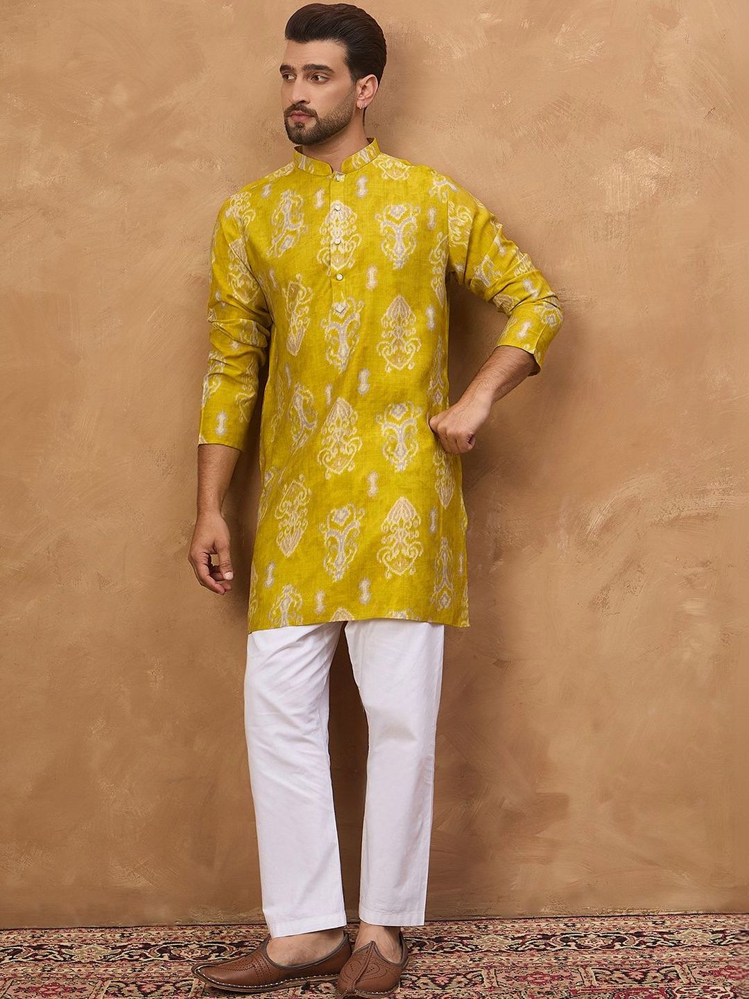 Ethnic Bay Men Yellow Viscose Rayon Ikat Printed Straight Kurta With Pant Set-MKSET1543