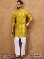 Men Yellow Viscose Rayon Ikat Printed Straight Kurta With Pant Set-MKSET1543