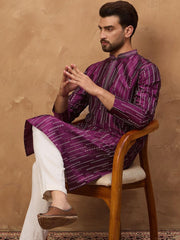 Ethnic Bay Men Purple Silk Blend Geometric Printed Straight Kurta With Pant Set-MKSET1518