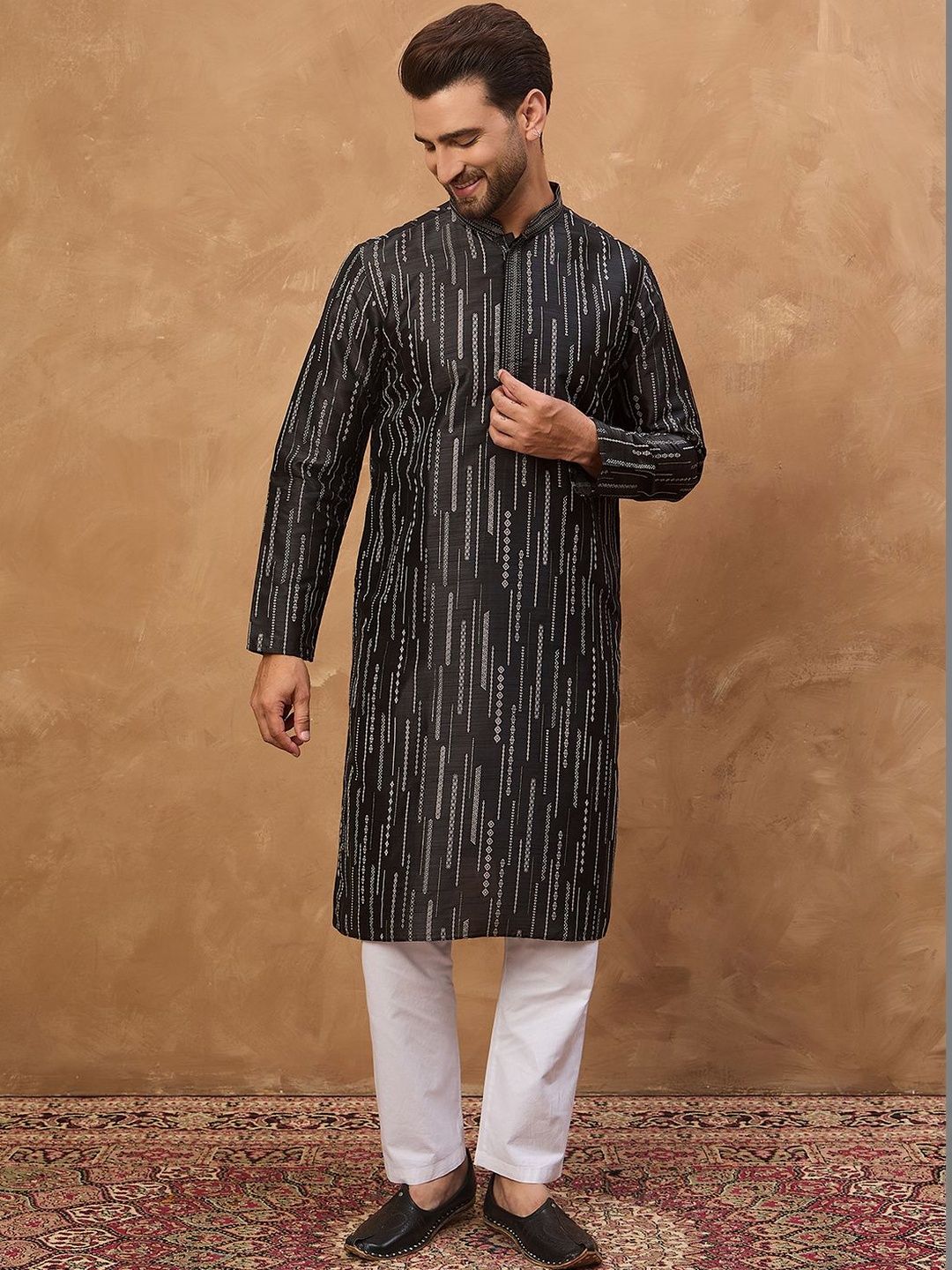 Ethnic Bay Men Black Silk Blend Geometric Printed Straight Kurta With Pant Set-MKSET1516