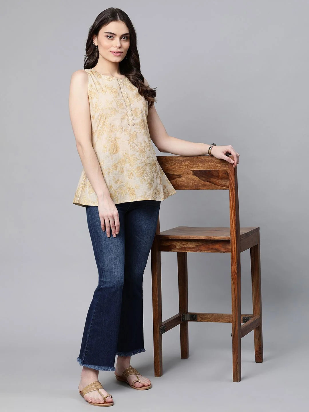 Beige & Gold Printed Tunic Top - Ladies Indian Kurtis