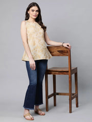 Beige & Gold Cotton Printed Tunic-AHTUCOPGGL-8068