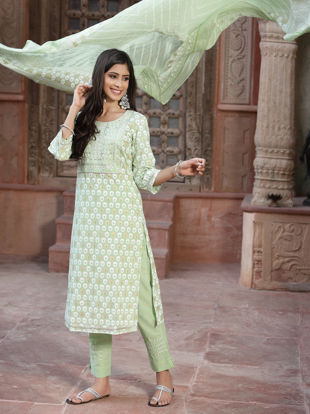 Buy Black Cambric Printed A-Line Kurta Palazzo Dupatta Set Online in India