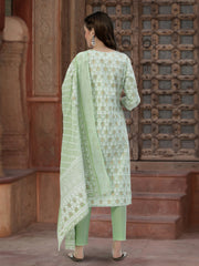 Juniper Women`s Pista Green Cotton Embroidered Straight Kurta Pant Dupatta Set