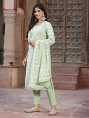 Juniper Women`s Pista Green Cotton Embroidered Straight Kurta Pant Dupatta Set